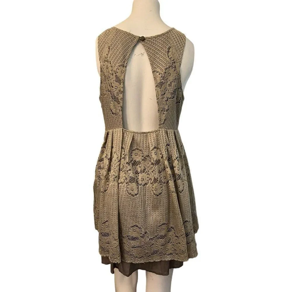 Free People Size 10 Taupe Rocco Open Back Lace Overlay Sleeveless Dress